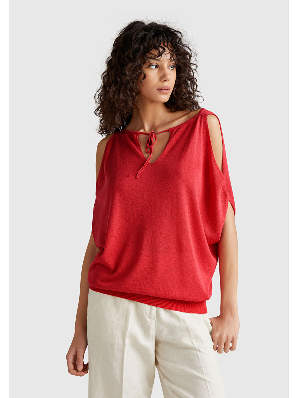 Kadın Mercan Keten Karışımlı Omzu Açık Triko Kazak