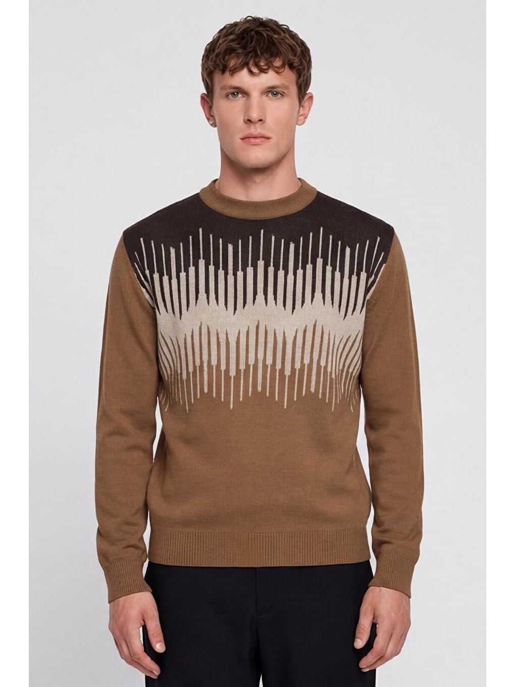 Kahverengi Erkek Camel Normal Kesim Regular Fit Yünlü Dokuma Triko Kazak