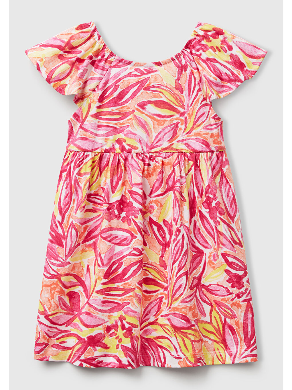 Kız Çocuk Turuncu Desenli Önü Fiyonklu Kolları ve Eteği Pileli Elbise