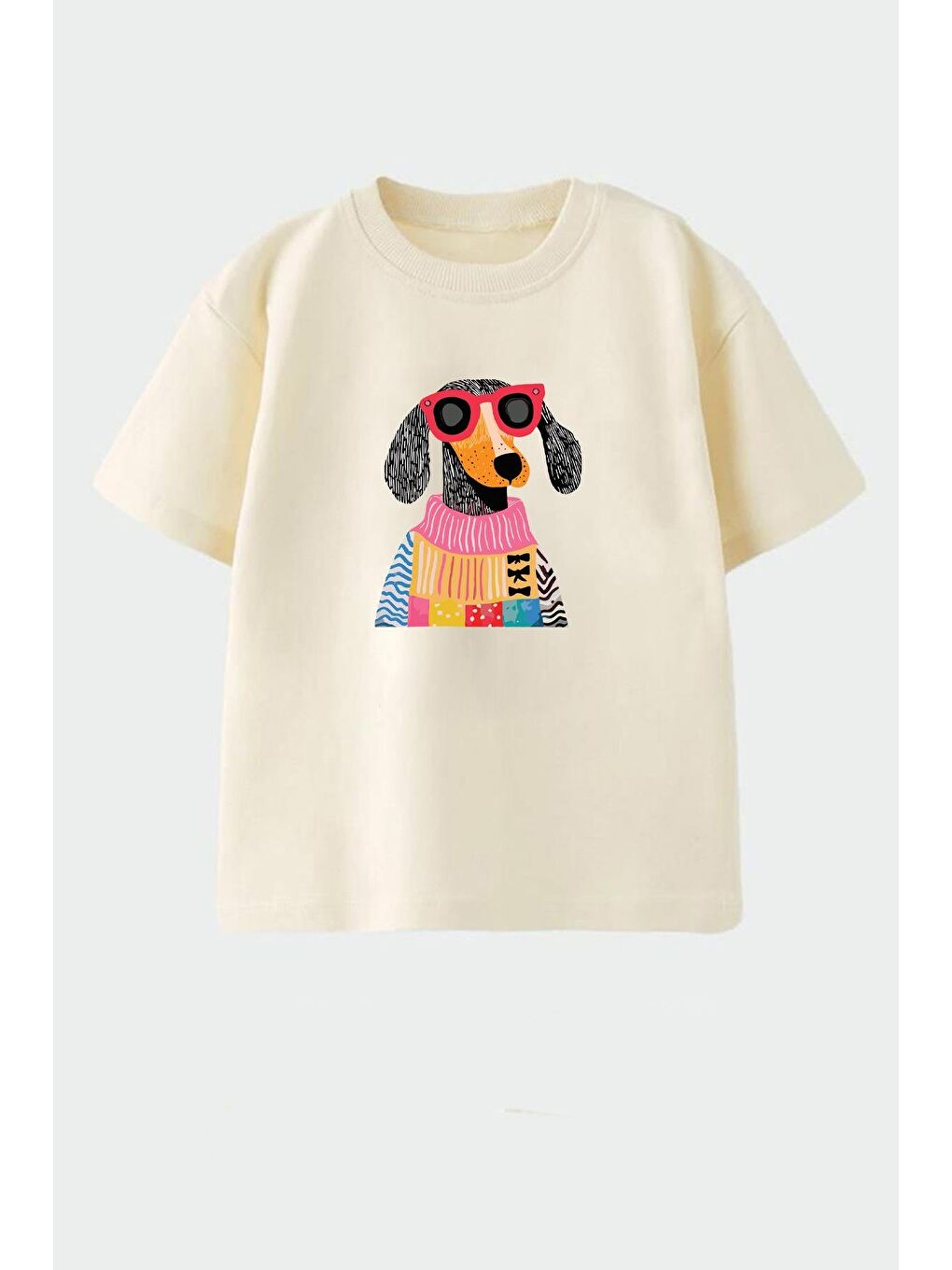 Bej Kız Çocuk Köpek Baskılı Pamuklu Bisiklet Yaka T-Shirt