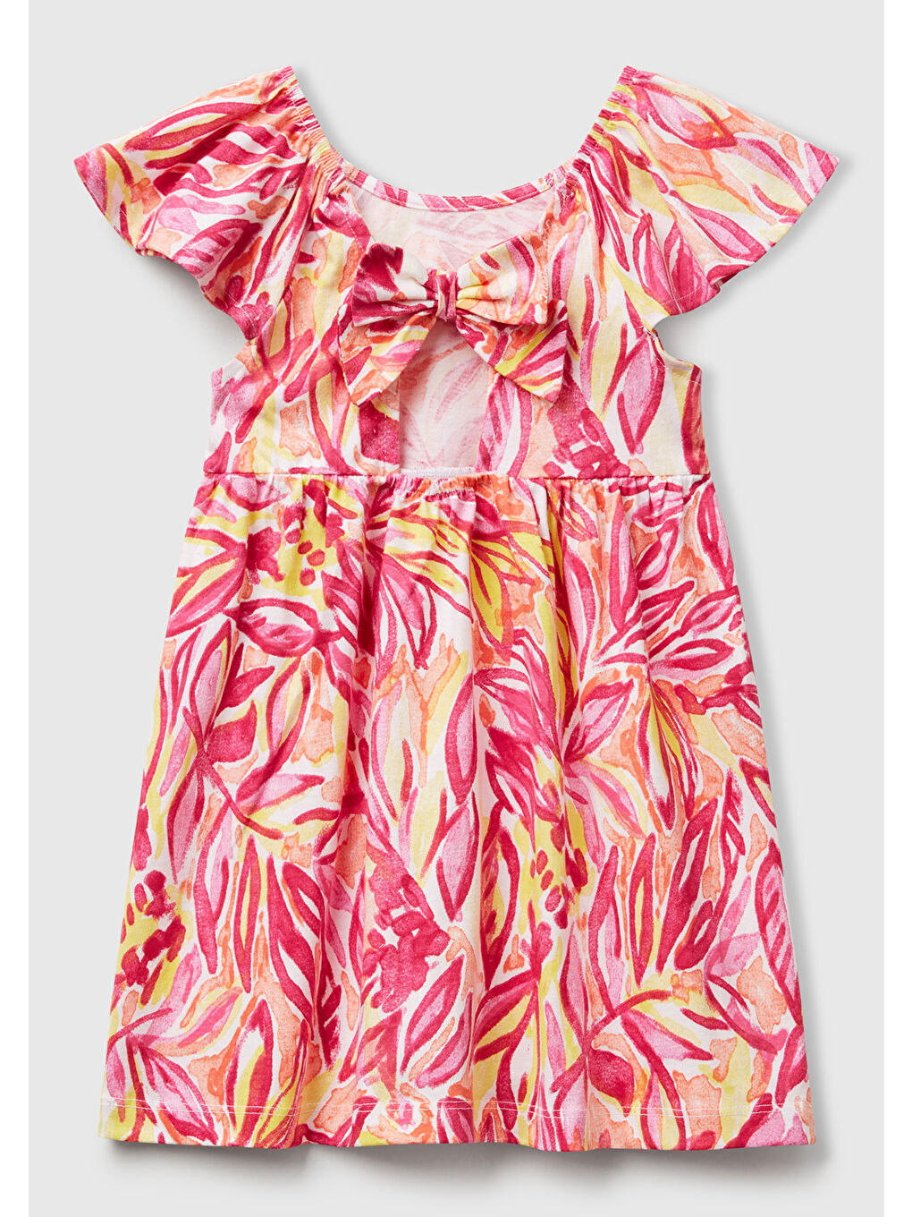 Kız Çocuk Turuncu Desenli Önü Fiyonklu Kolları ve Eteği Pileli Elbise-1