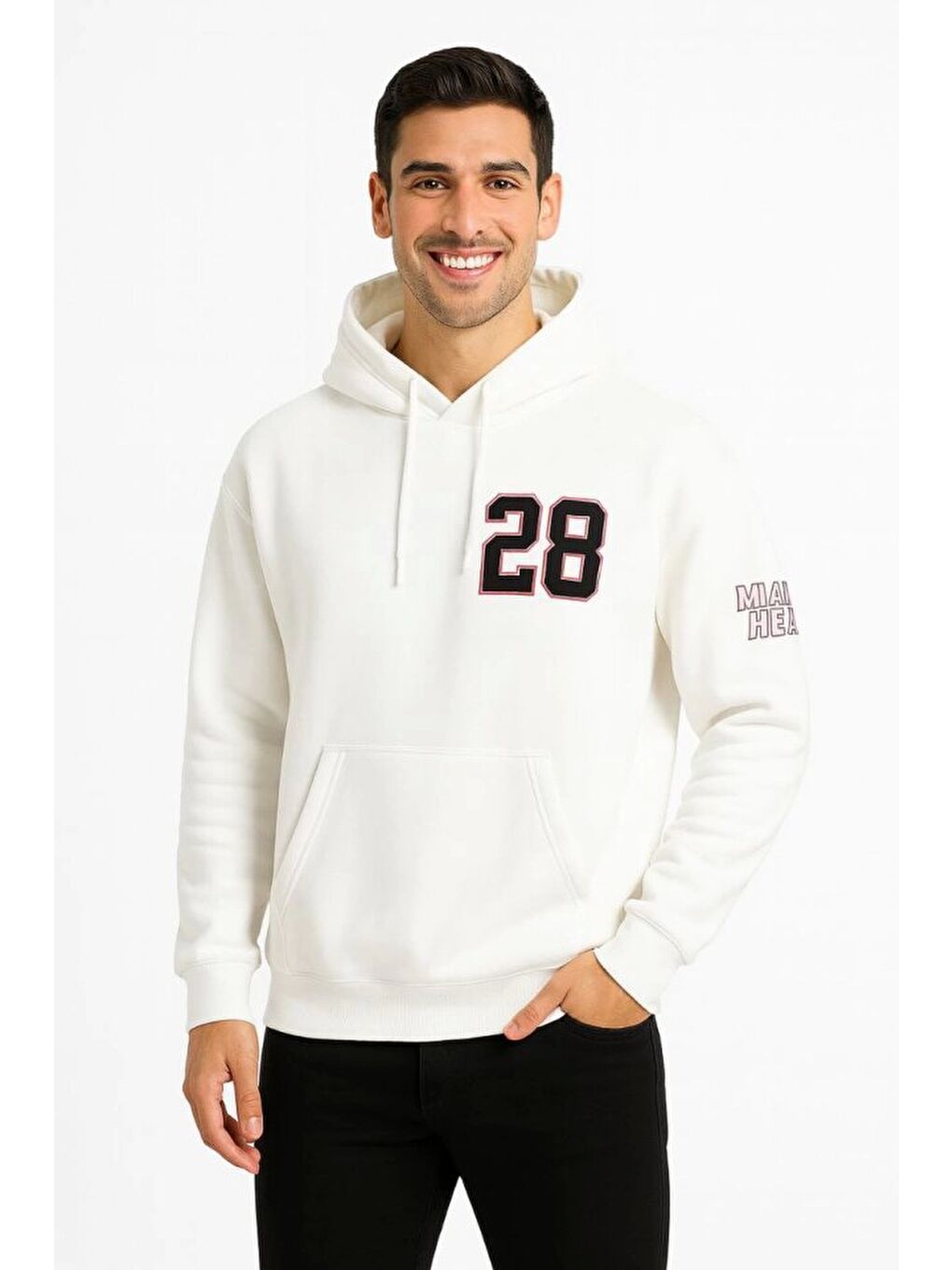 Üç İplik Kapüşonlu Ön Ve Arka Baskılı Sweatshirt Hoodie - Beyaz
