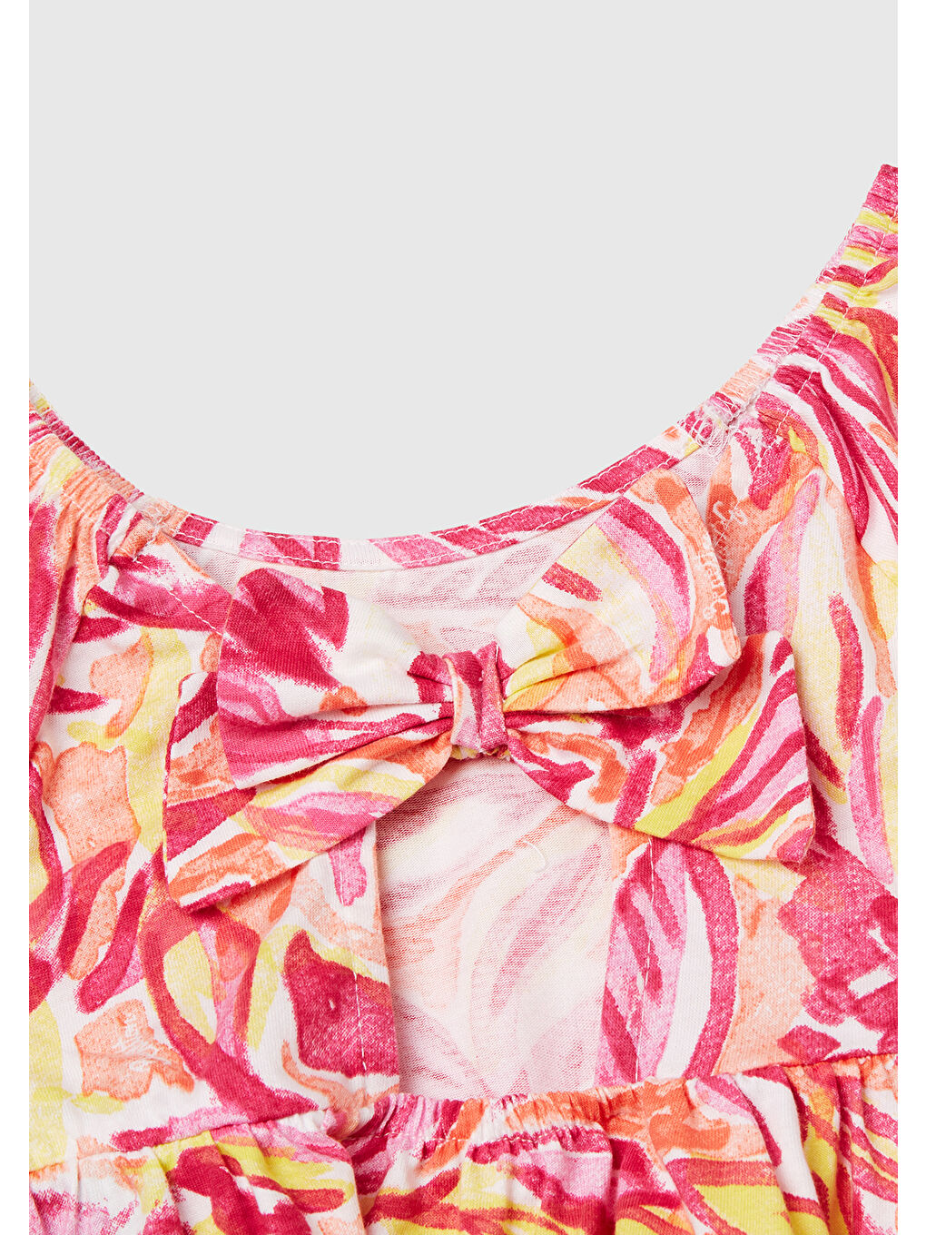 Kız Çocuk Turuncu Desenli Önü Fiyonklu Kolları ve Eteği Pileli Elbise-2