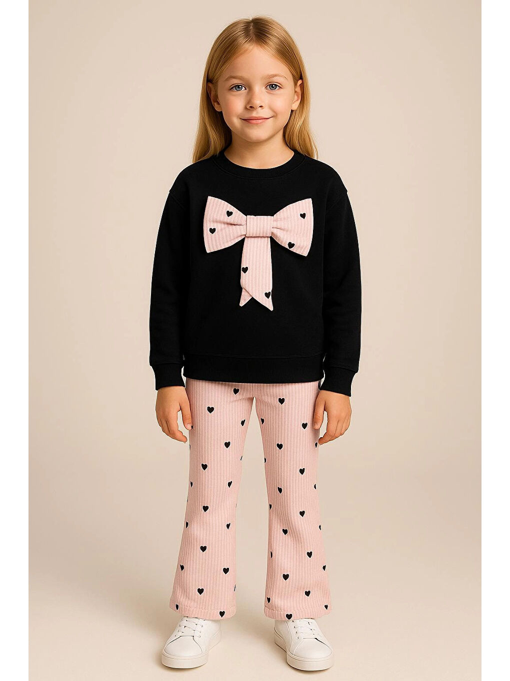 Pembe Kalp Baskılı Taytlı Kız Çocuk Takım 20454
