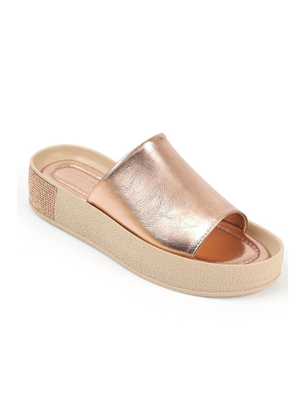 Pembe Tek Geniş Bantlı Taşlı Detaylı Dolgu Topuk Metalik Kadın Terlik-2