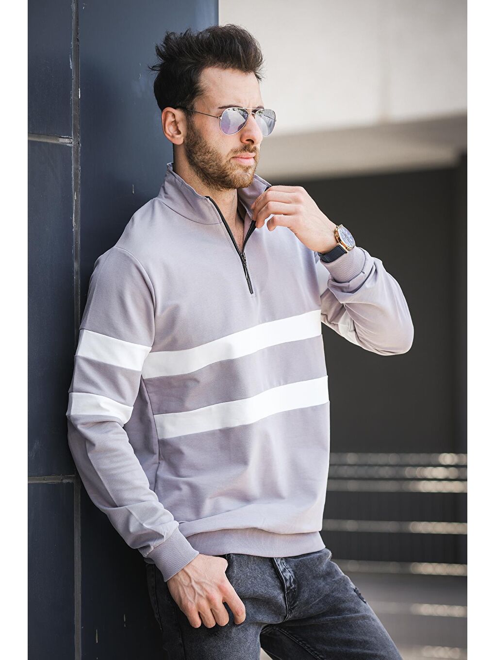 Gri Nepido Çift Renkli Yarım Fermuarlı Balıkçı Yaka Erkek Sweatshirt-1