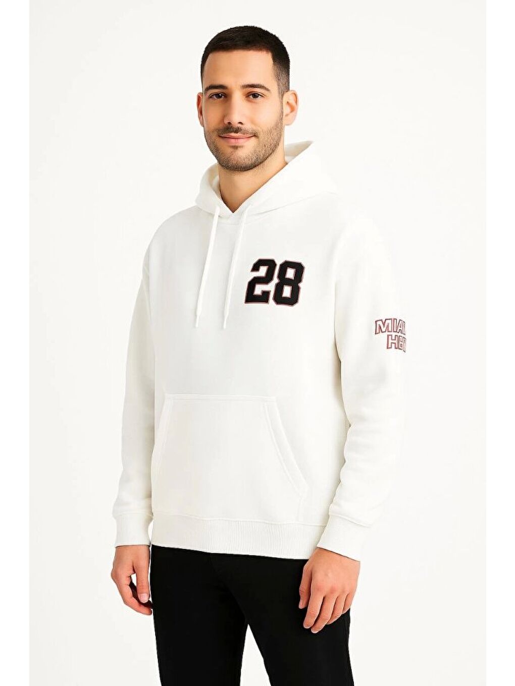 Üç İplik Kapüşonlu Ön Ve Arka Baskılı Sweatshirt Hoodie - Beyaz-3