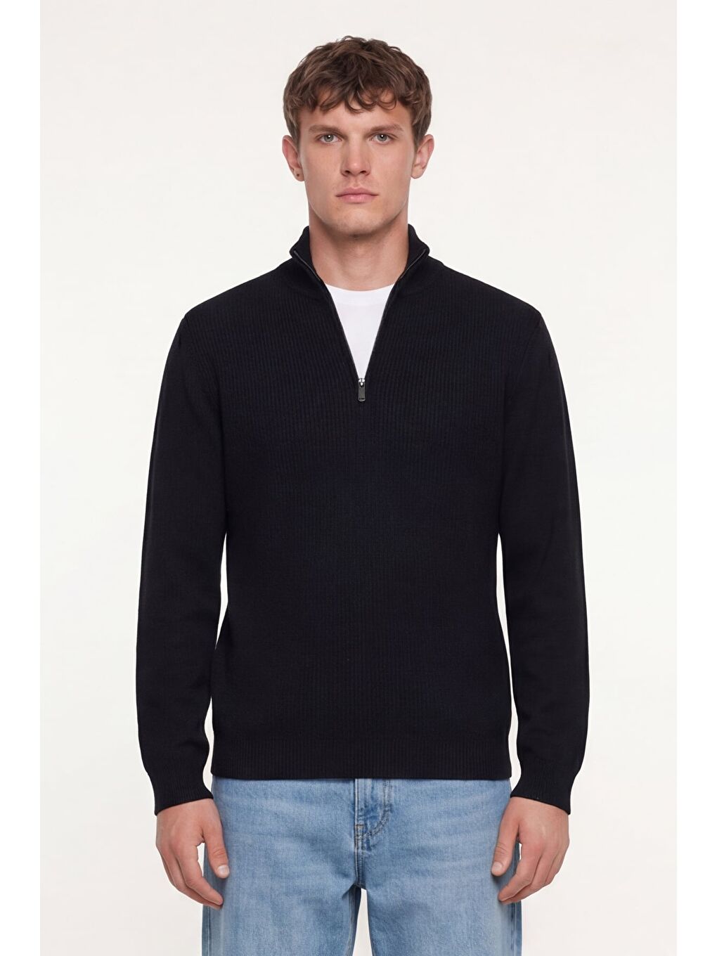 Erkek Siyah Normal Kesim Regular Fit Yünlü Fermuarlı Dik Yaka Triko Kazak
