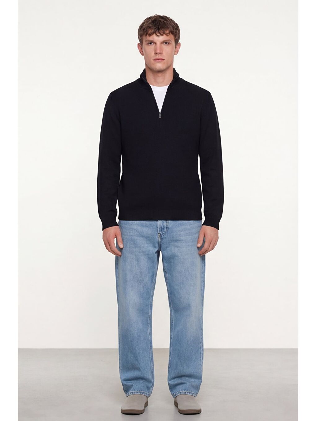 Erkek Siyah Normal Kesim Regular Fit Yünlü Fermuarlı Dik Yaka Triko Kazak-1