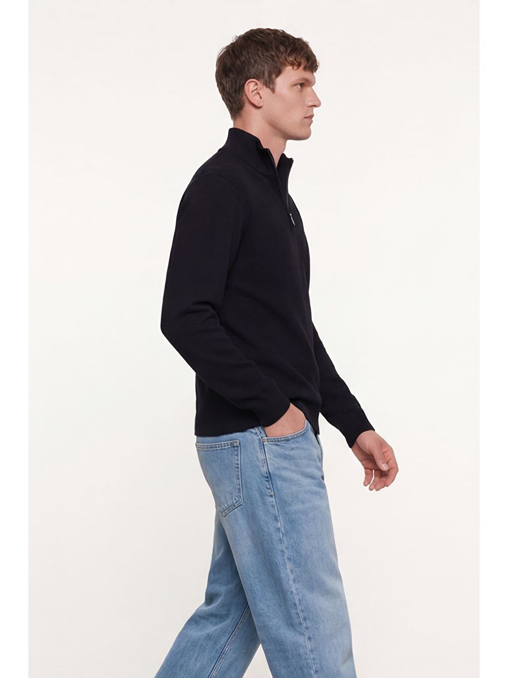 Erkek Siyah Normal Kesim Regular Fit Yünlü Fermuarlı Dik Yaka Triko Kazak-2