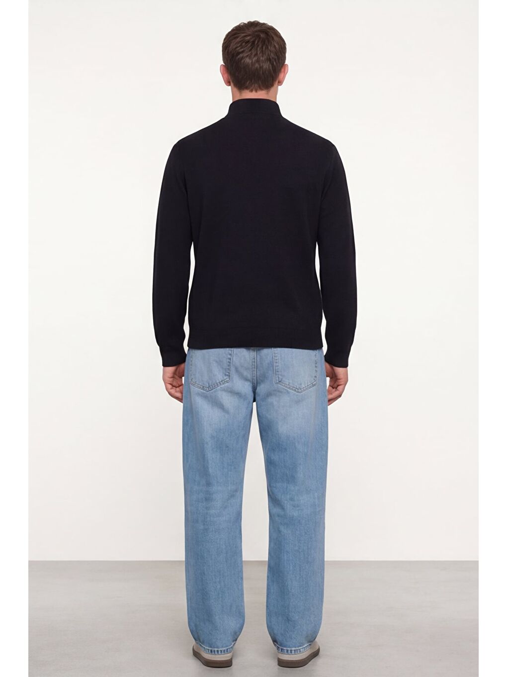 Erkek Siyah Normal Kesim Regular Fit Yünlü Fermuarlı Dik Yaka Triko Kazak-3