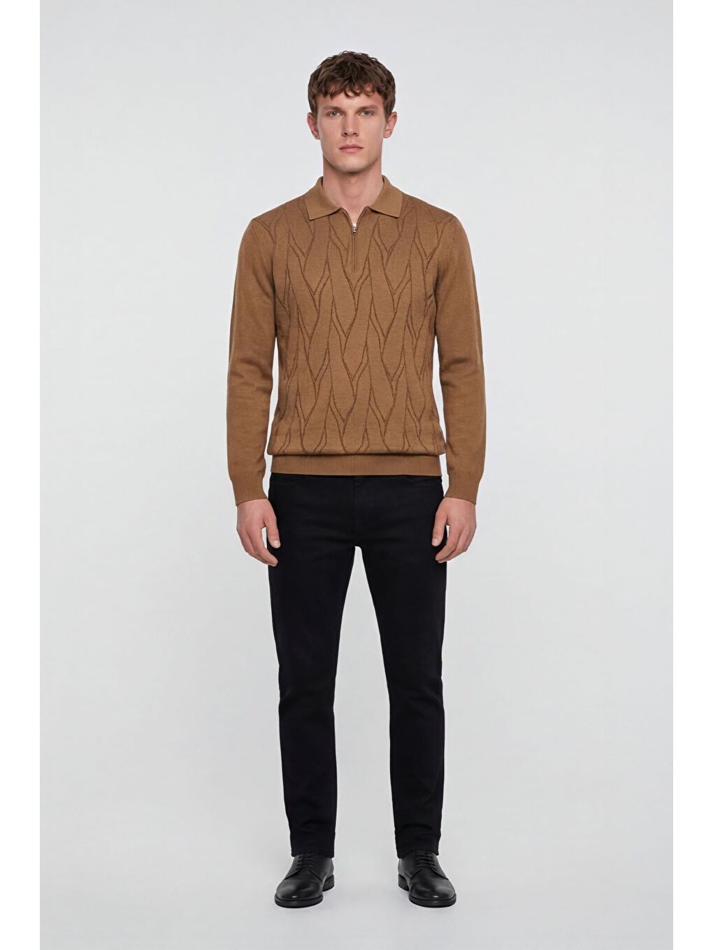 Kahverengi Erkek Camel Yün Karışımlı Basic Triko Kazak-1