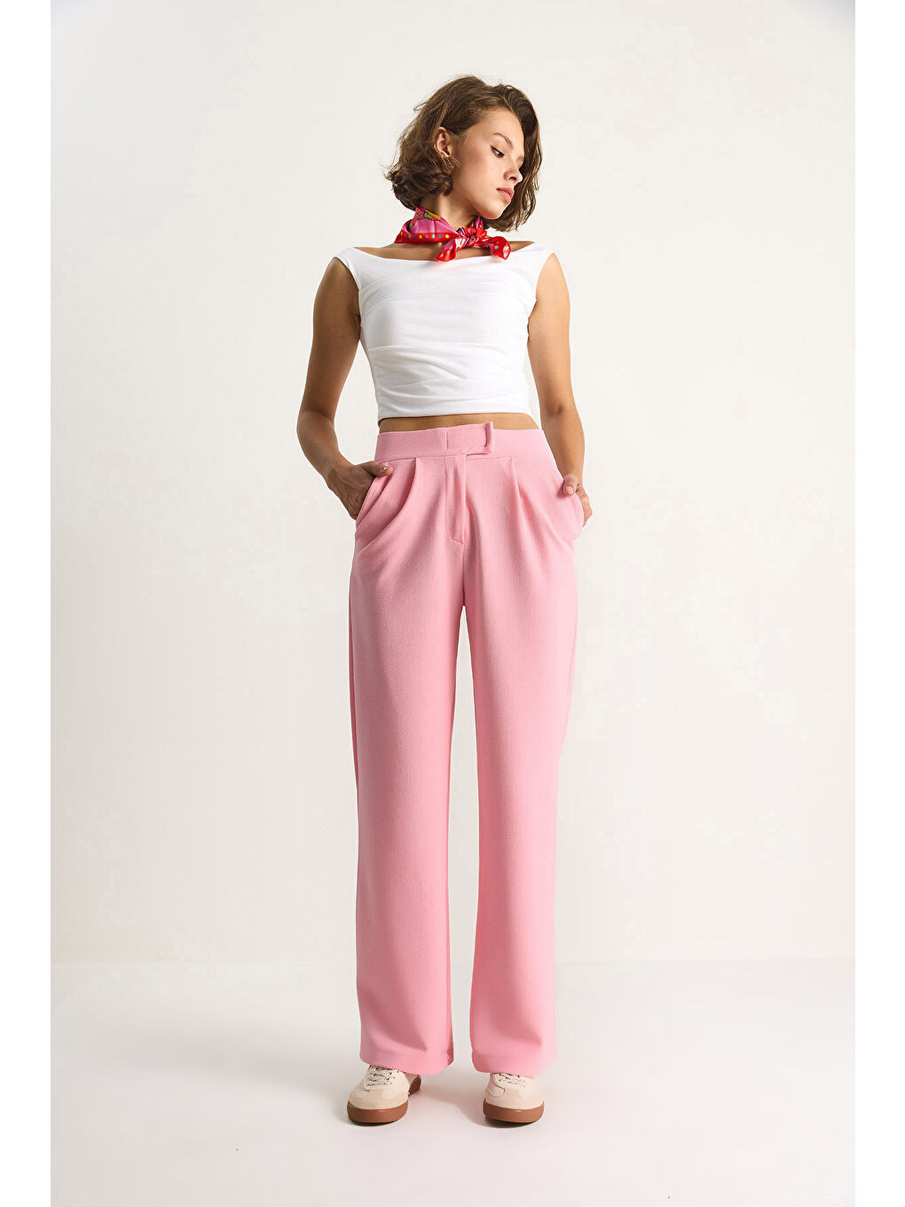 Pembe Kadın Beli Cırtlı Rahat Palazzo Pantolon
