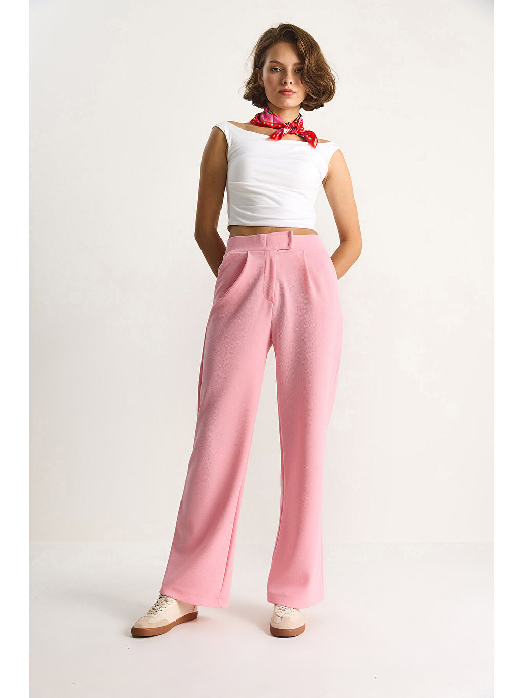 Pembe Kadın Beli Cırtlı Rahat Palazzo Pantolon-1