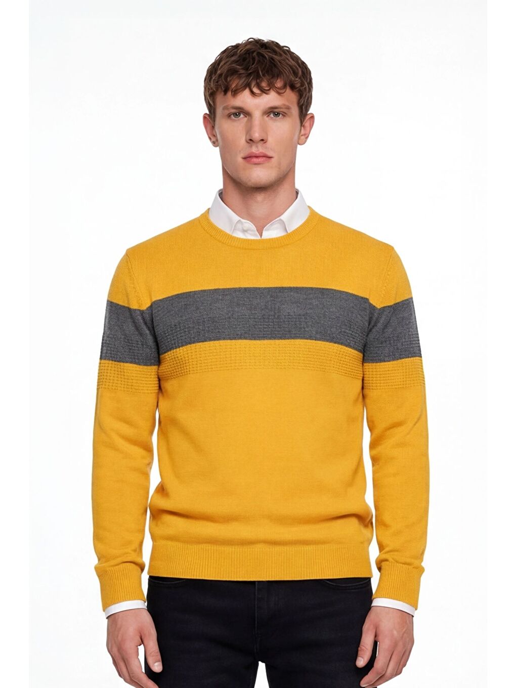 Erkek Sarı Normal Kesim Regular Fit Yünlü Dokuma Çizgi Detay Bisiklet Yaka Triko Kazak
