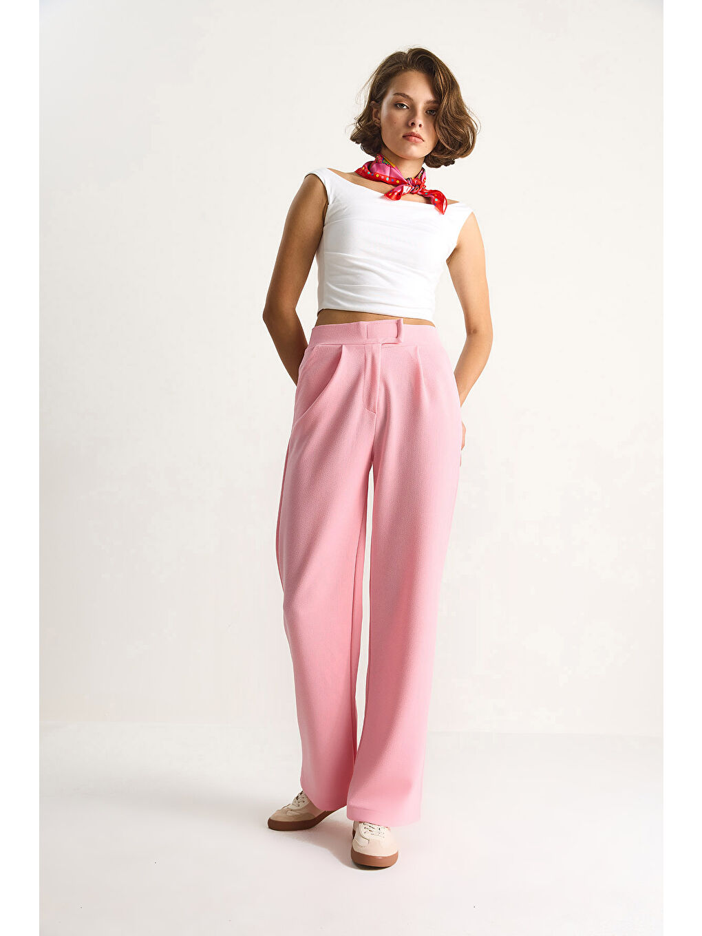 Pembe Kadın Beli Cırtlı Rahat Palazzo Pantolon-2