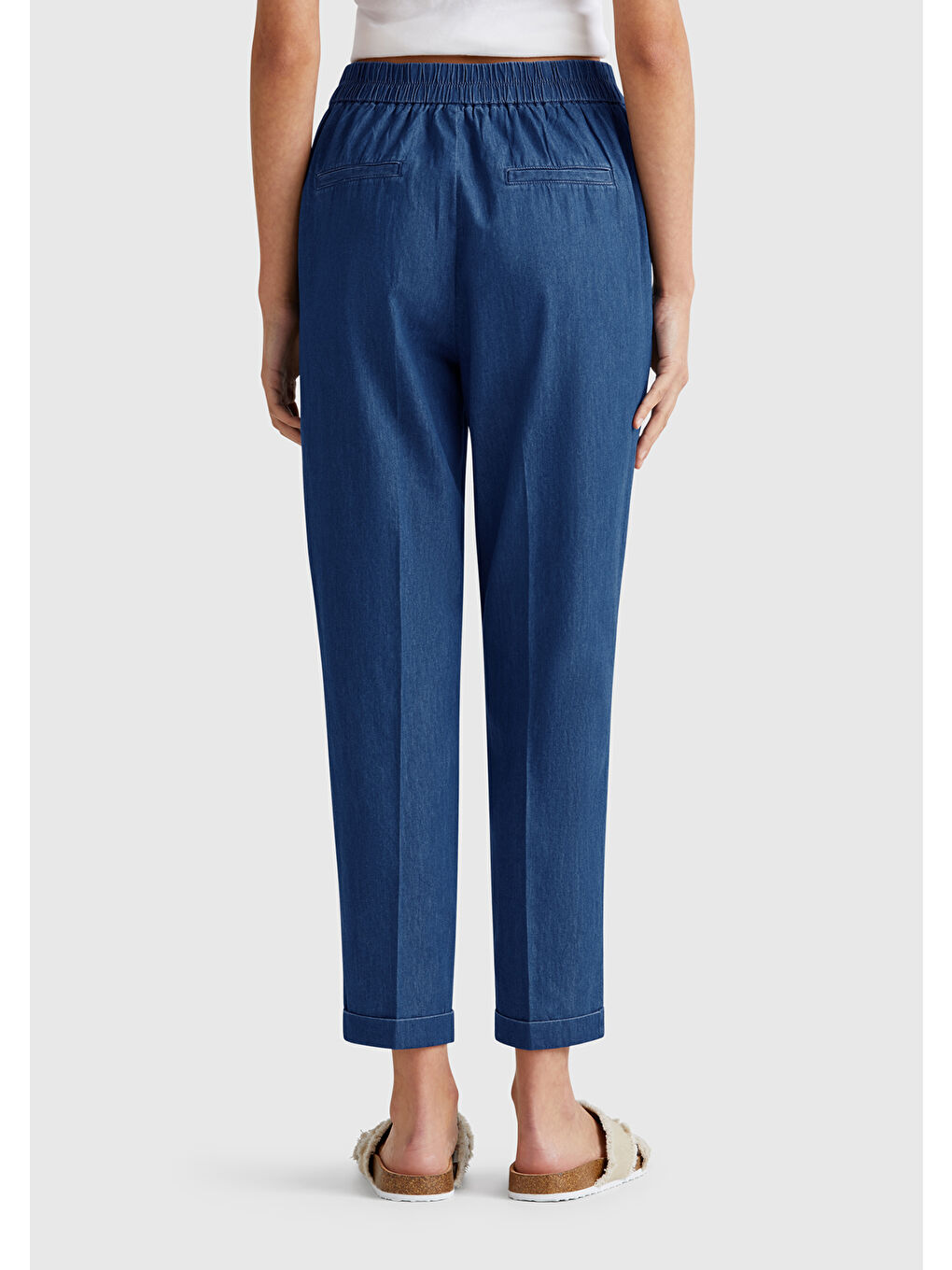 Kadın Koyu Mavi %100 Pamuk Beli Lastikli Şamre Pantolon-2