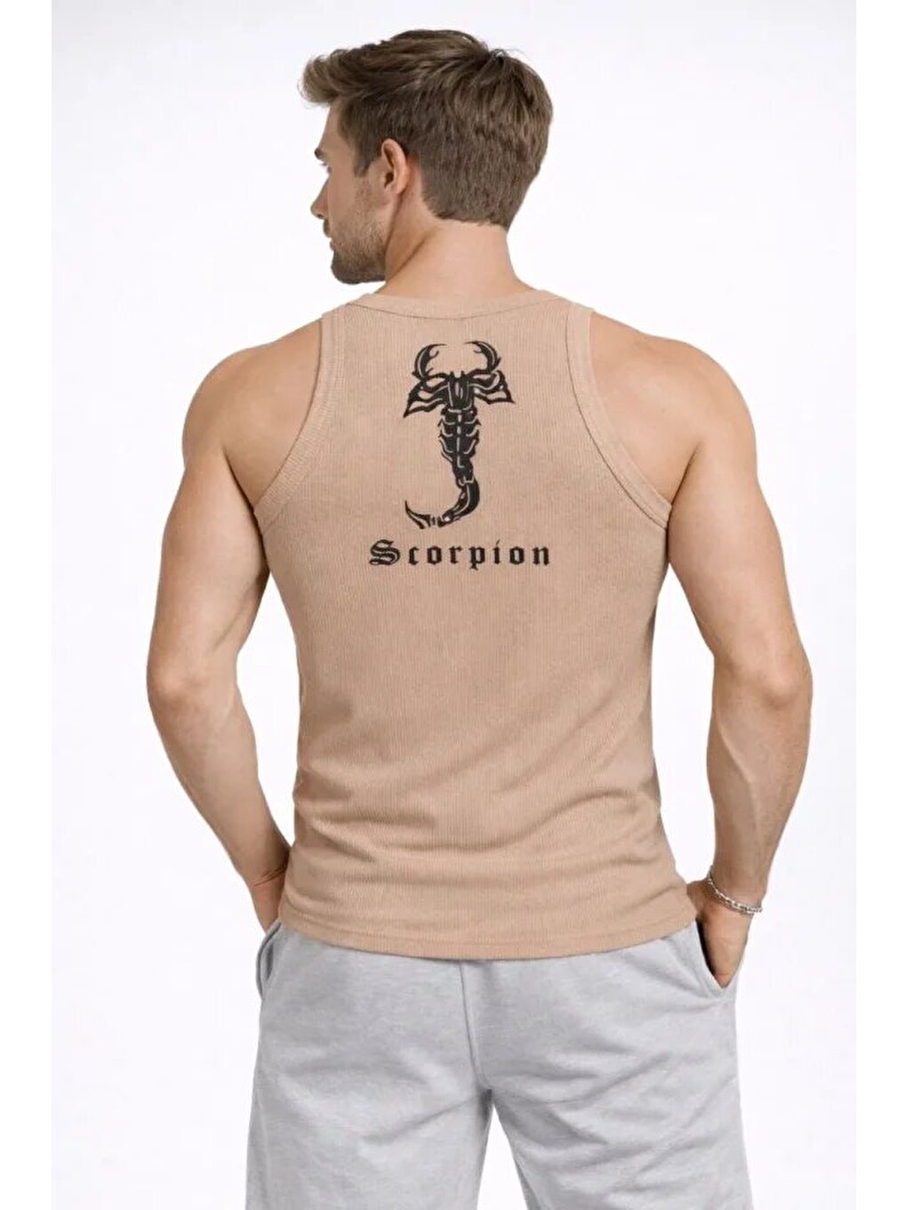 Erkek Fitilli Atlet Sıfır Yaka Slim Fit Arka Baskılı Spor Atlet - Bej
