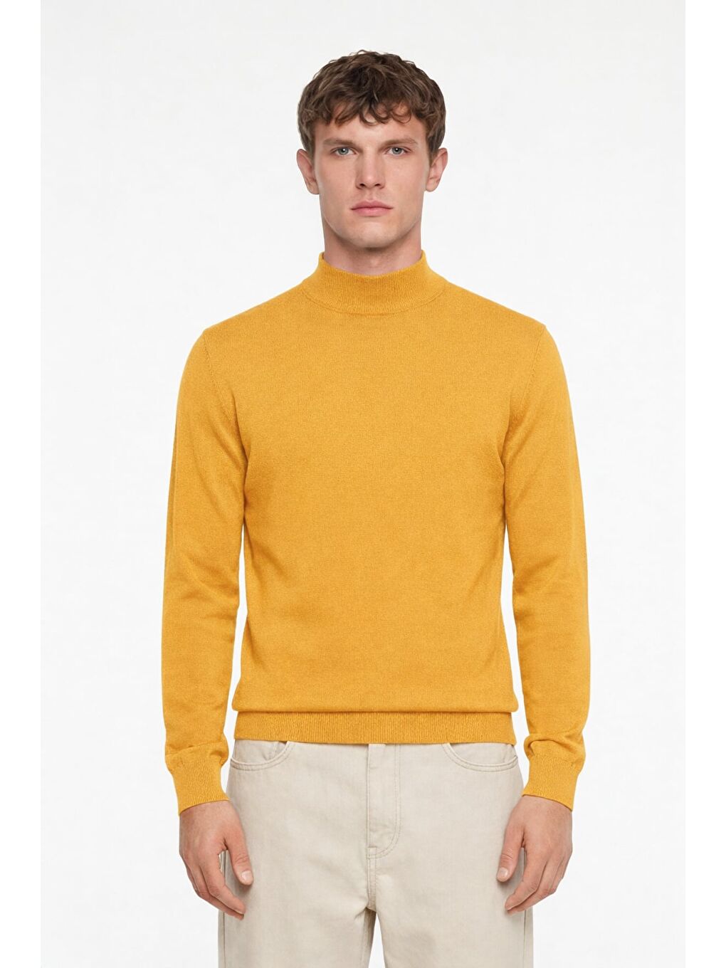 Erkek Sarı Dar Kesim Slim Fit Yünlü Dokuma Düz Yarım Balıkçı Yaka Triko Kazak