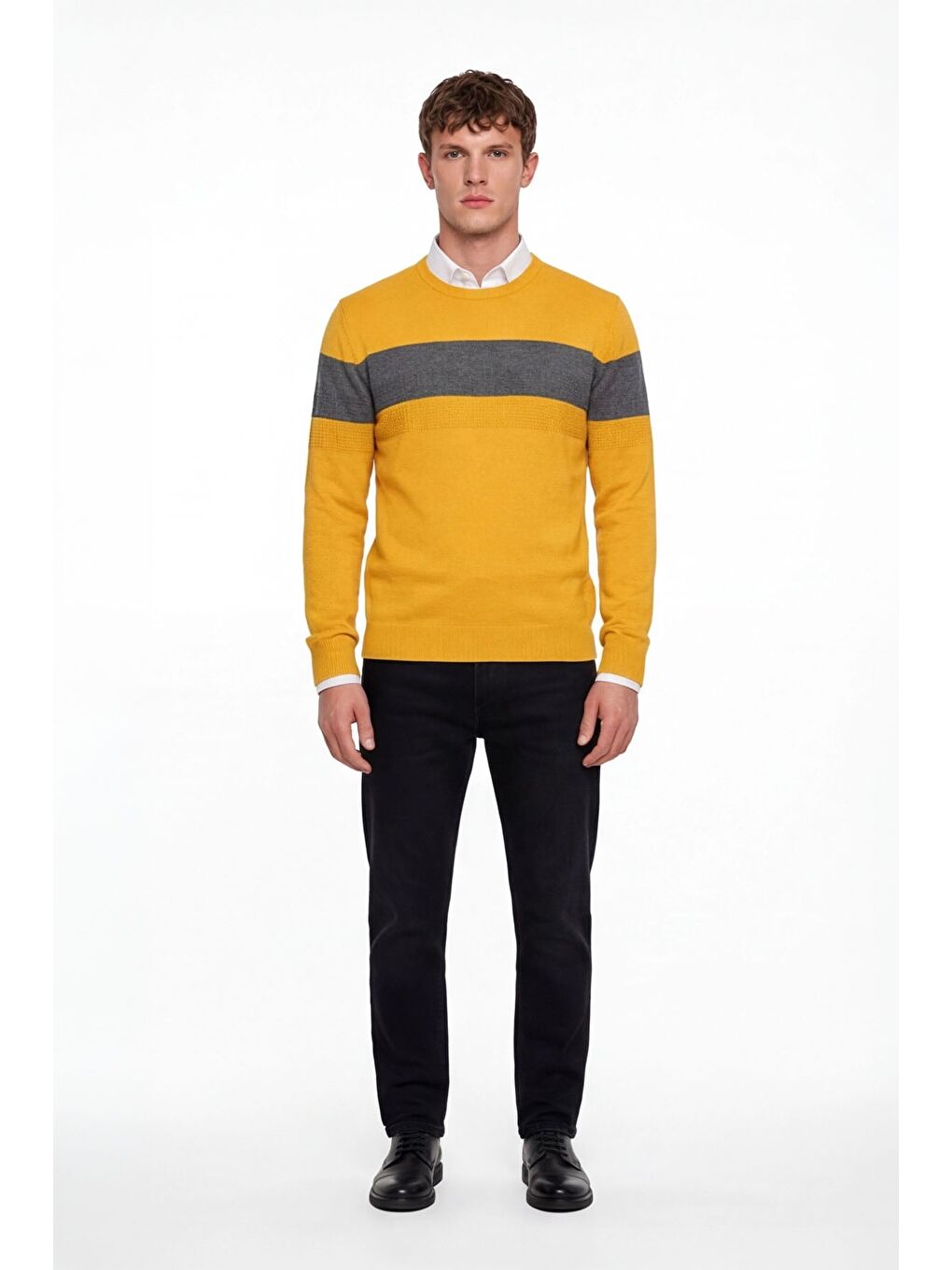 Erkek Sarı Normal Kesim Regular Fit Yünlü Dokuma Çizgi Detay Bisiklet Yaka Triko Kazak-1