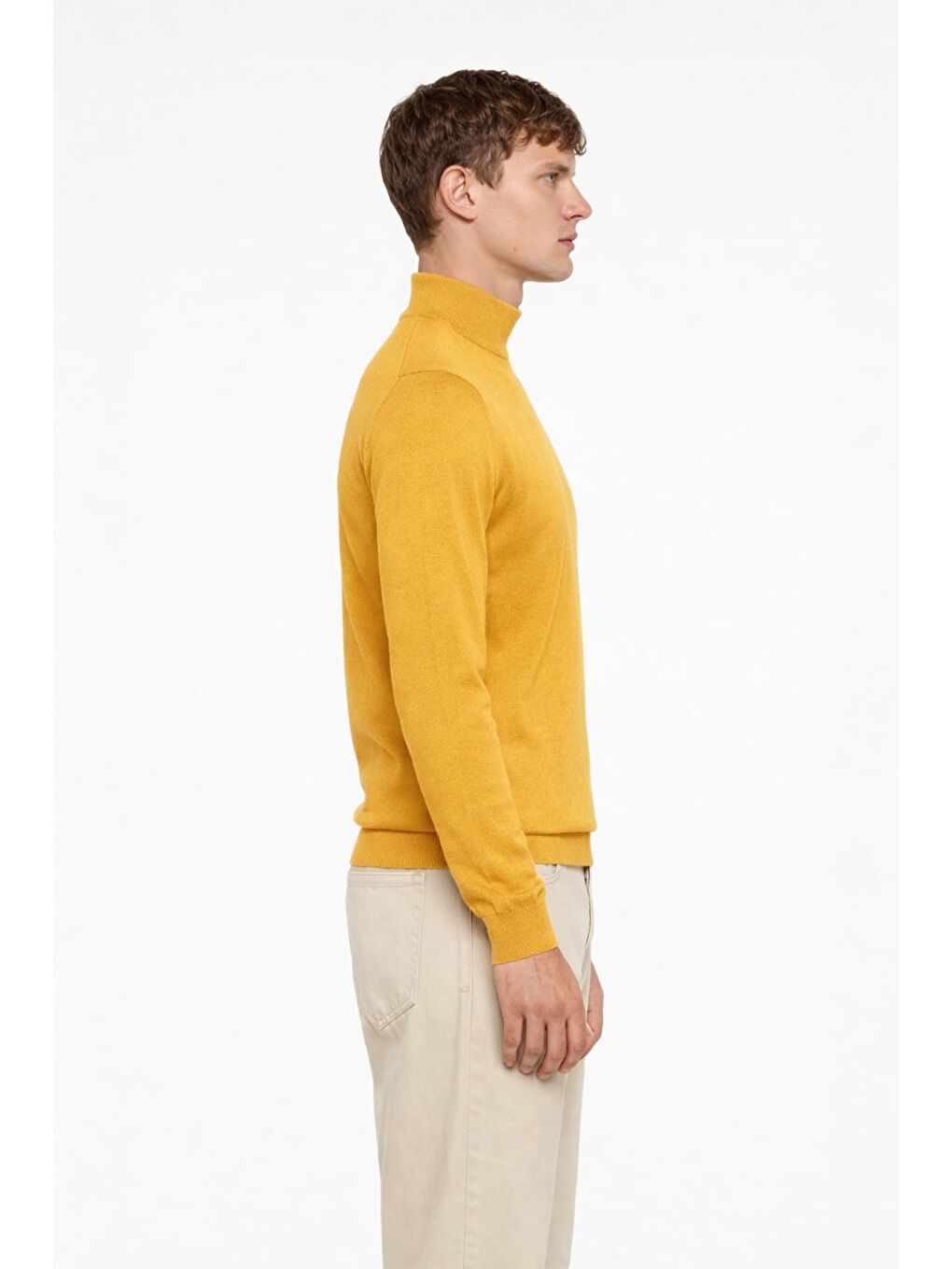 Erkek Sarı Dar Kesim Slim Fit Yünlü Dokuma Düz Yarım Balıkçı Yaka Triko Kazak-1