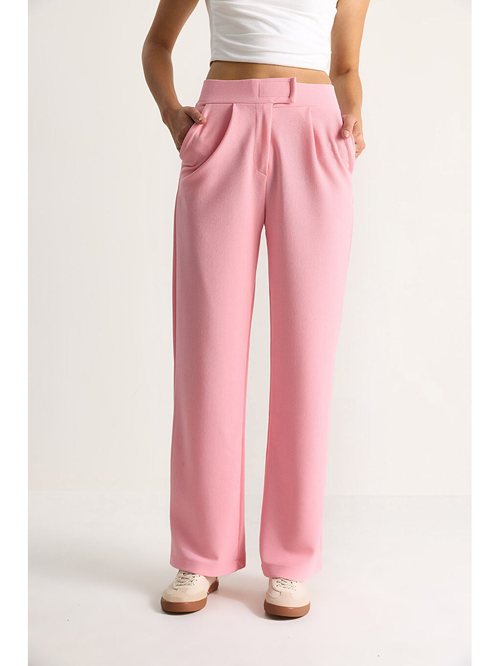 Pembe Kadın Beli Cırtlı Rahat Palazzo Pantolon-4