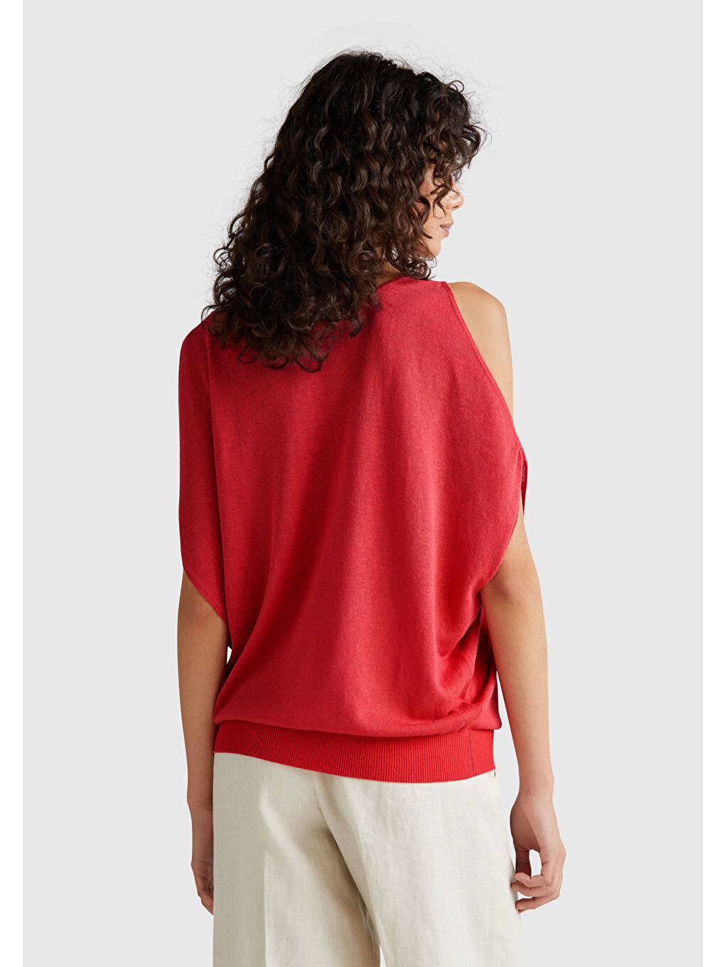 Kadın Mercan Keten Karışımlı Omzu Açık Triko Kazak-2