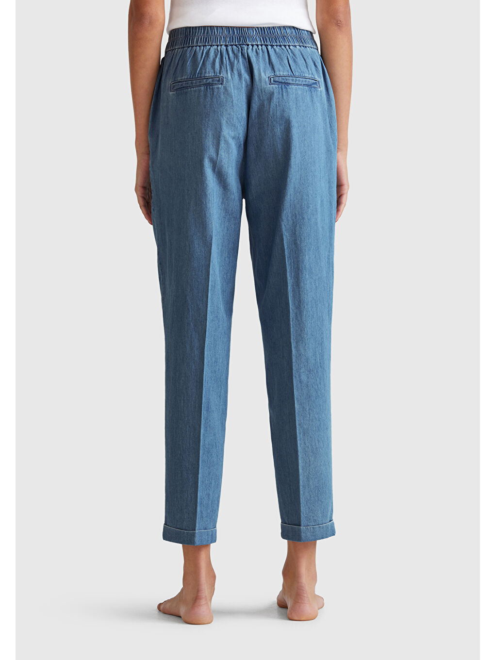 Kadın Açık Mavi %100 Pamuk Beli Lastikli Şamre Pantolon-2