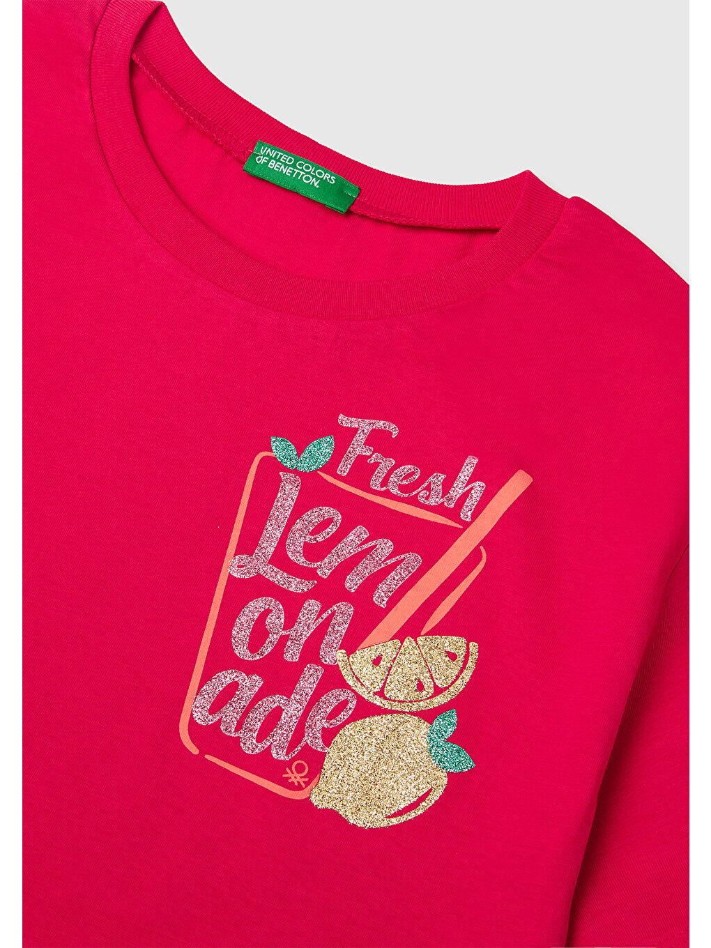 Kız Çocuk Fuşya Parlak Baskılı Bisiklet Yaka T-Shirt-2