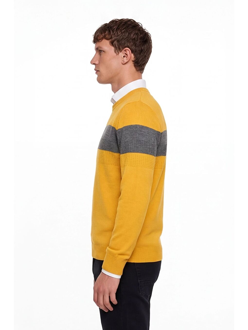 Erkek Sarı Normal Kesim Regular Fit Yünlü Dokuma Çizgi Detay Bisiklet Yaka Triko Kazak-2