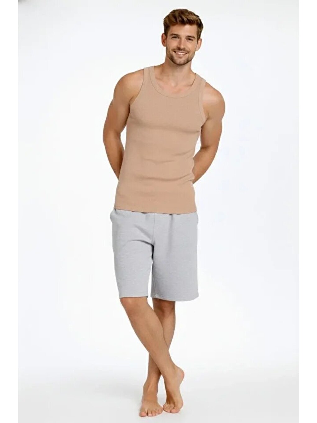 Erkek Fitilli Atlet Sıfır Yaka Slim Fit Arka Baskılı Spor Atlet - Bej-1