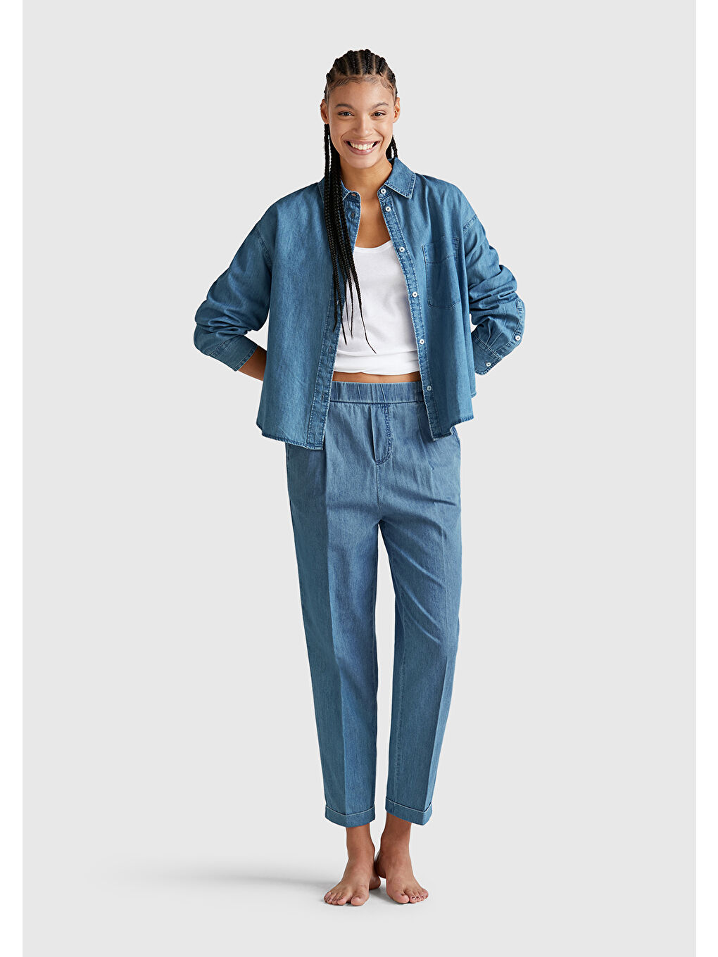 Kadın Açık Mavi %100 Pamuk Beli Lastikli Şamre Pantolon-4