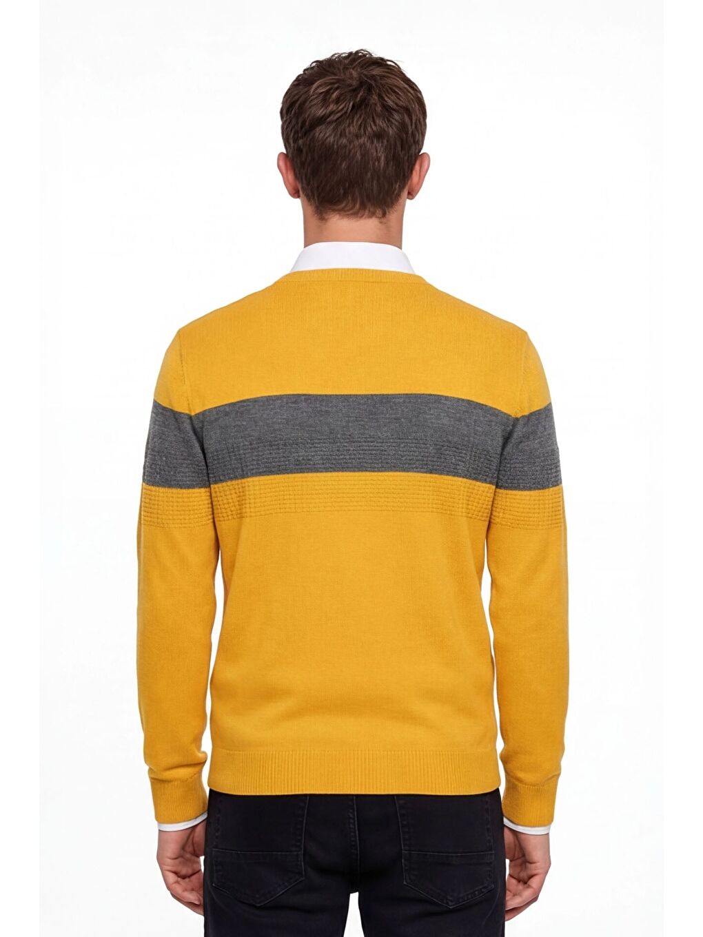 Erkek Sarı Normal Kesim Regular Fit Yünlü Dokuma Çizgi Detay Bisiklet Yaka Triko Kazak-3