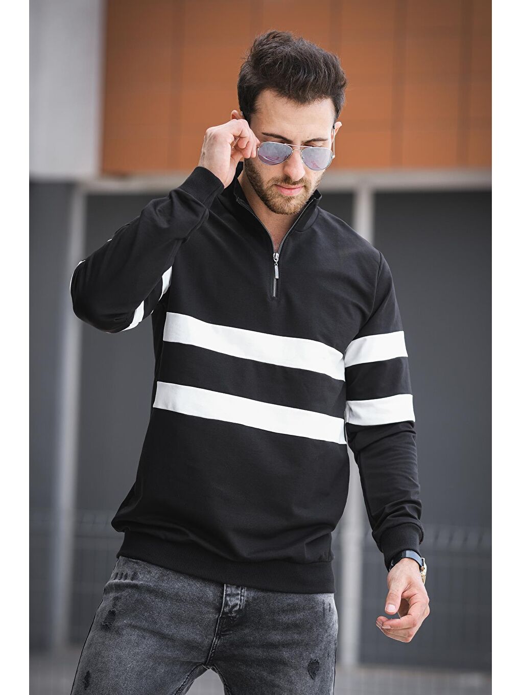 Siyah Nepido Çift Renkli Yarım Fermuarlı Balıkçı Yaka Erkek Sweatshirt