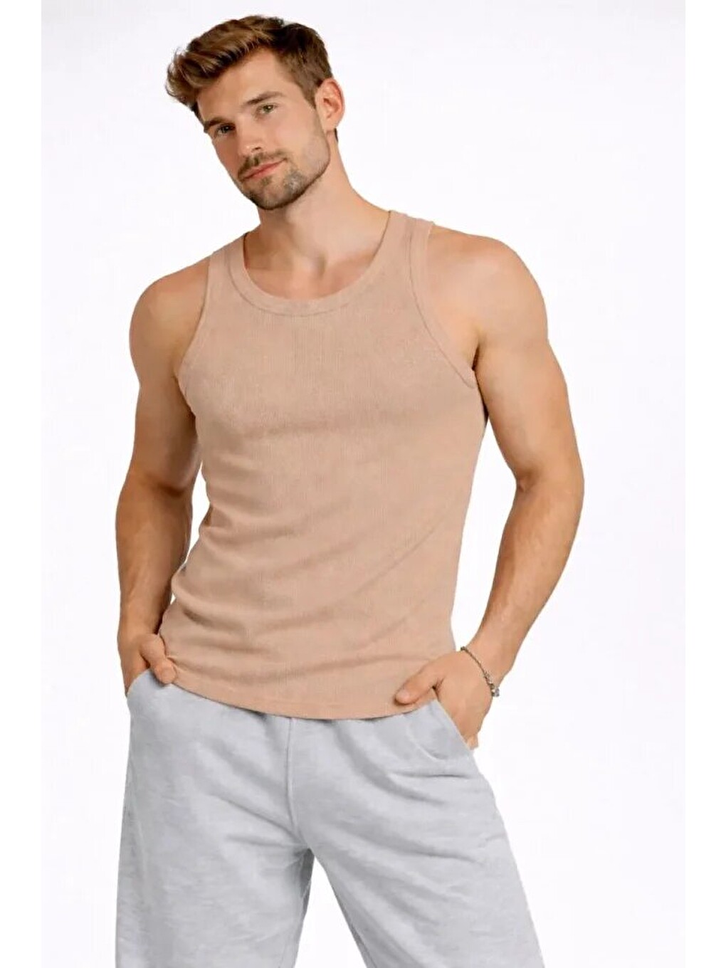 Erkek Fitilli Atlet Sıfır Yaka Slim Fit Arka Baskılı Spor Atlet - Bej-2