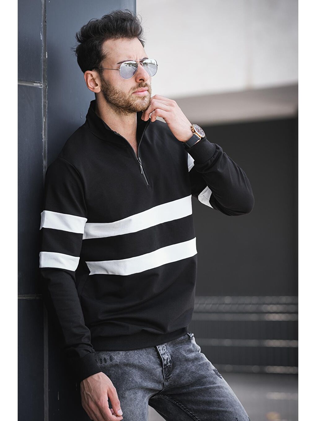 Siyah Nepido Çift Renkli Yarım Fermuarlı Balıkçı Yaka Erkek Sweatshirt-1