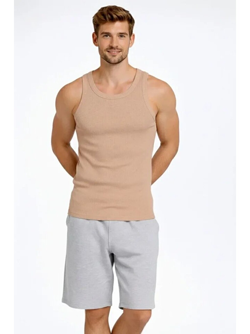 Erkek Fitilli Atlet Sıfır Yaka Slim Fit Arka Baskılı Spor Atlet - Bej-3