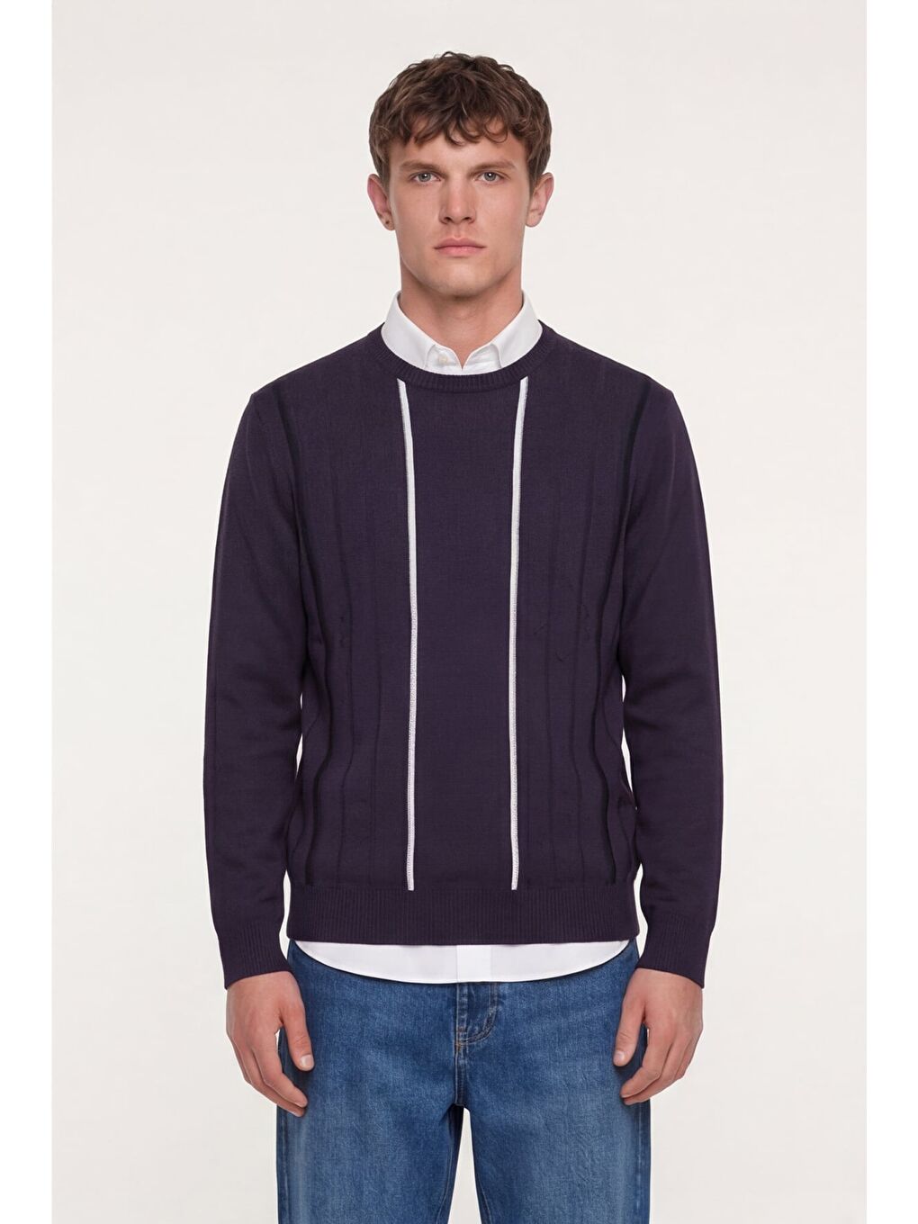 Erkek Mor Normal Kesim Regular Fit Yünlü Dokuma Çizgi Desen Bisiklet Yaka Triko Kazak