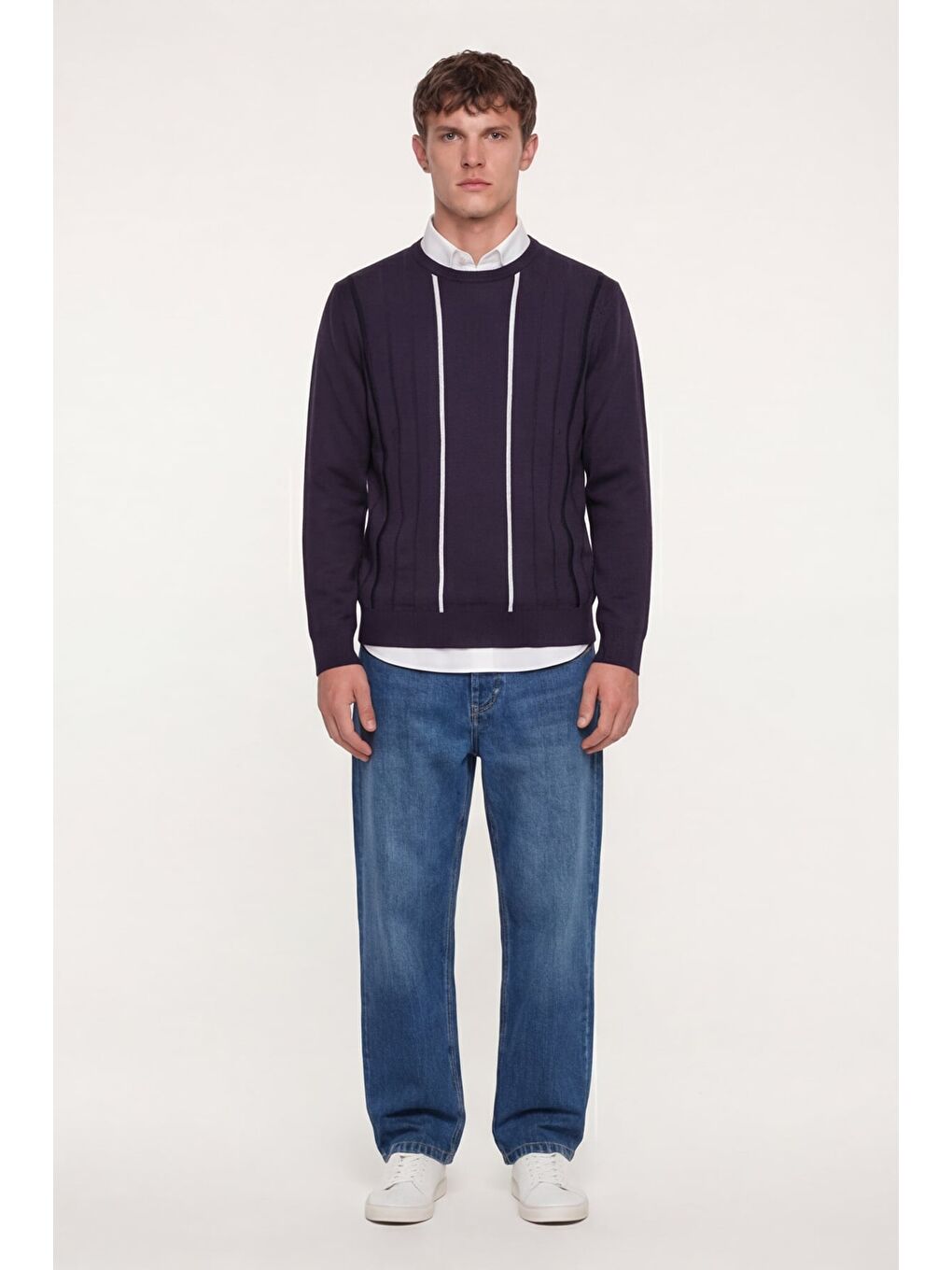 Erkek Mor Normal Kesim Regular Fit Yünlü Dokuma Çizgi Desen Bisiklet Yaka Triko Kazak-1