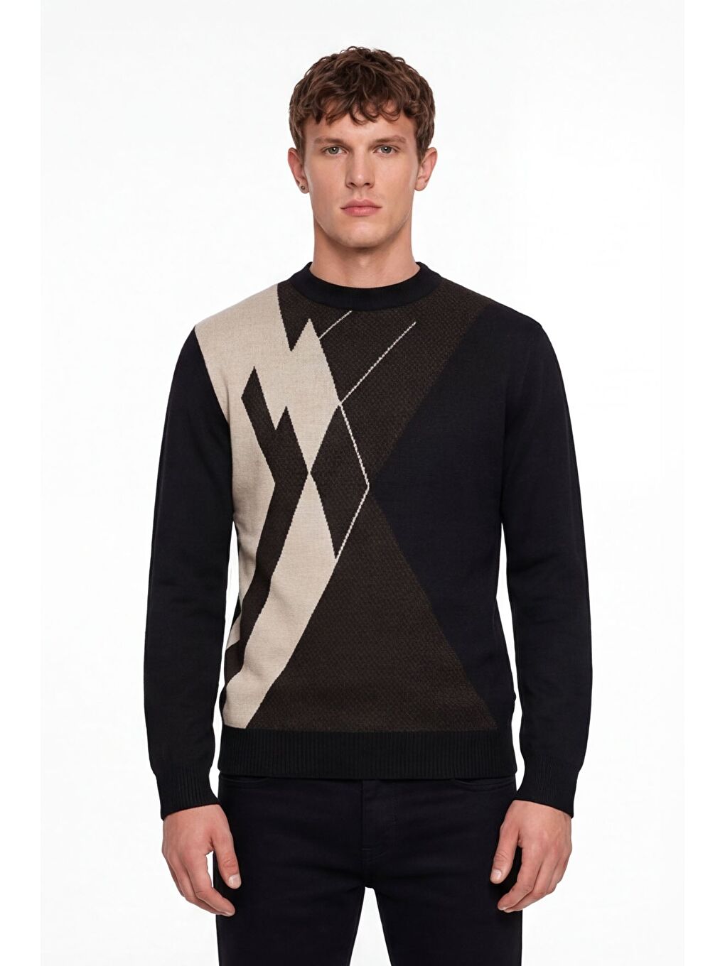 Erkek Siyah Normal Kesim Regular Fit Yünlü Dokuma Desenli Triko Kazak