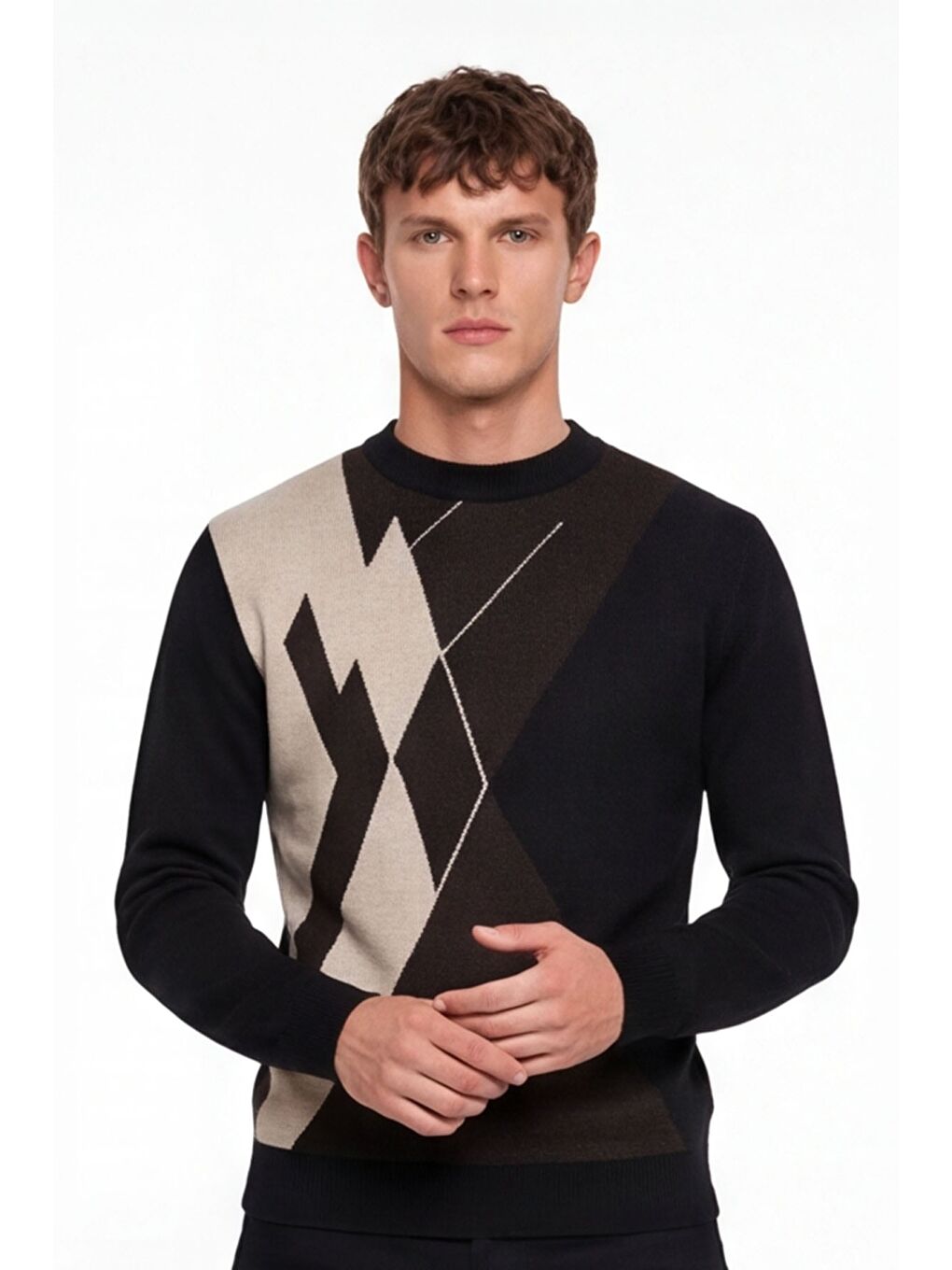 Erkek Siyah Normal Kesim Regular Fit Yünlü Dokuma Desenli Triko Kazak-1