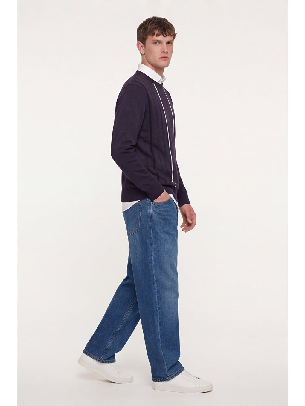 Erkek Mor Normal Kesim Regular Fit Yünlü Dokuma Çizgi Desen Bisiklet Yaka Triko Kazak-2