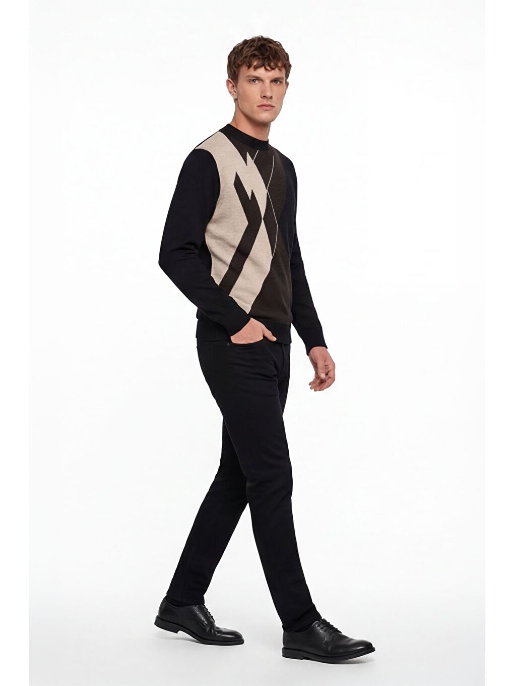 Erkek Siyah Normal Kesim Regular Fit Yünlü Dokuma Desenli Triko Kazak-2