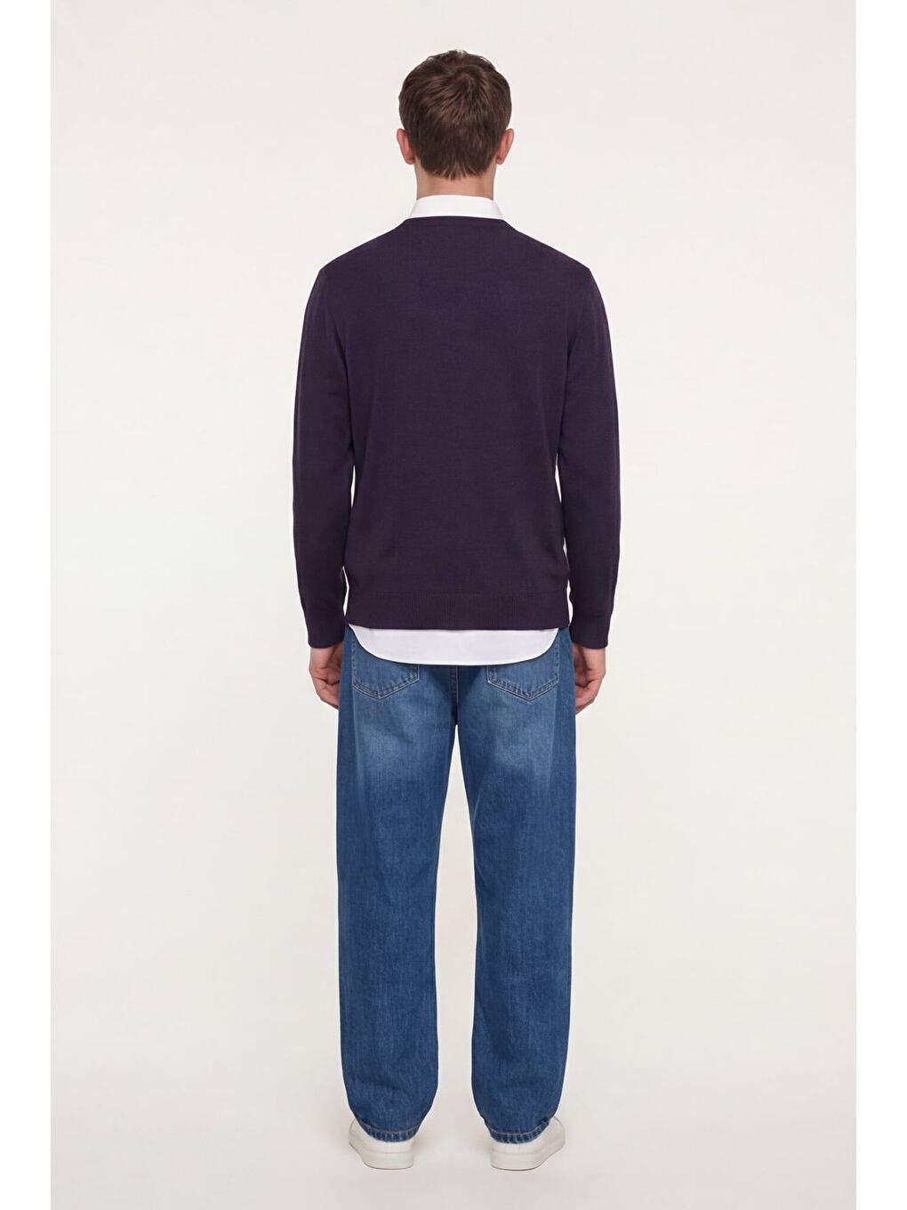 Erkek Mor Normal Kesim Regular Fit Yünlü Dokuma Çizgi Desen Bisiklet Yaka Triko Kazak-3