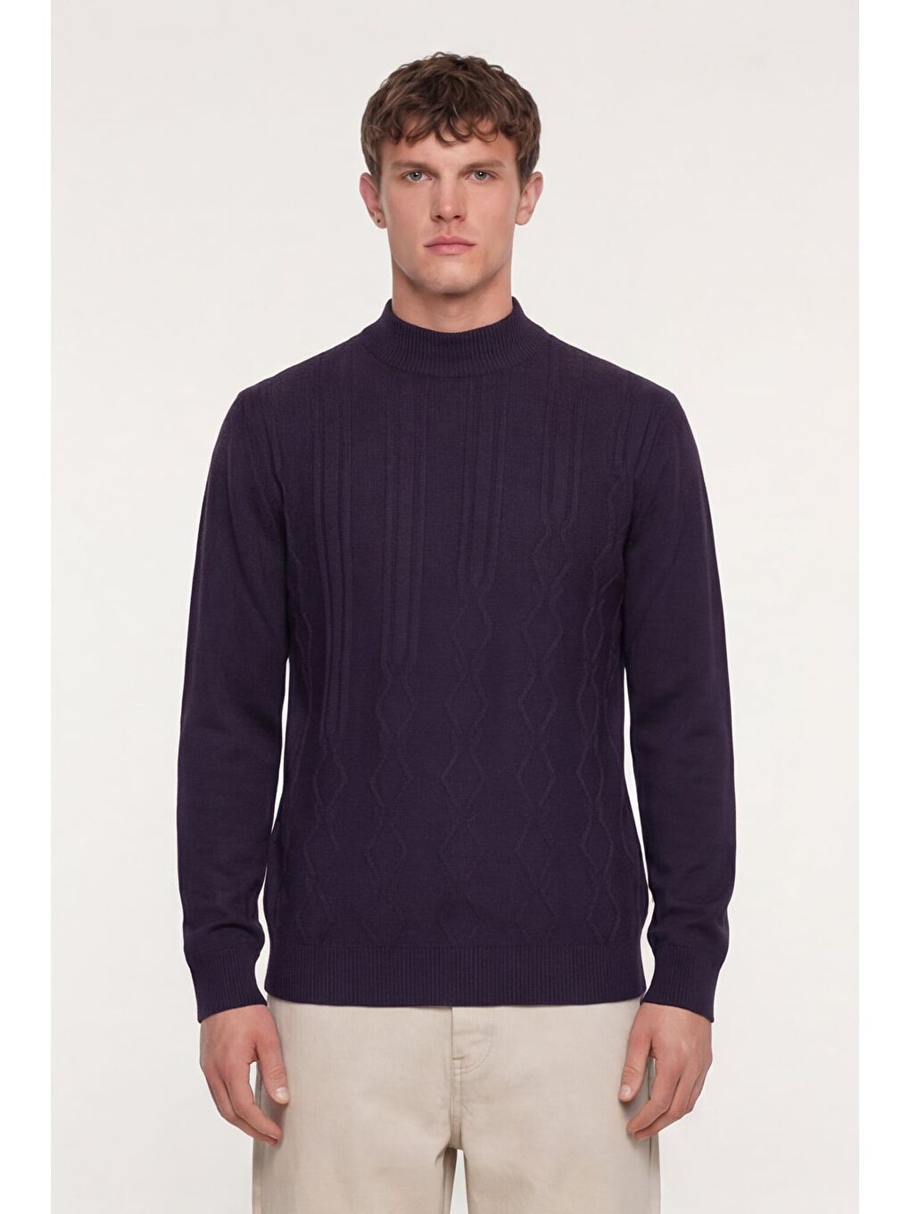 Erkek Mor Dar Kesim Slim Fit Yünlü Yarım Balıkçı Yaka Triko Kazak