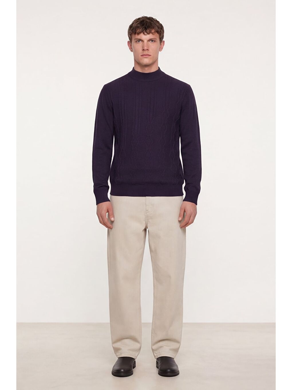 Erkek Mor Dar Kesim Slim Fit Yünlü Yarım Balıkçı Yaka Triko Kazak-1