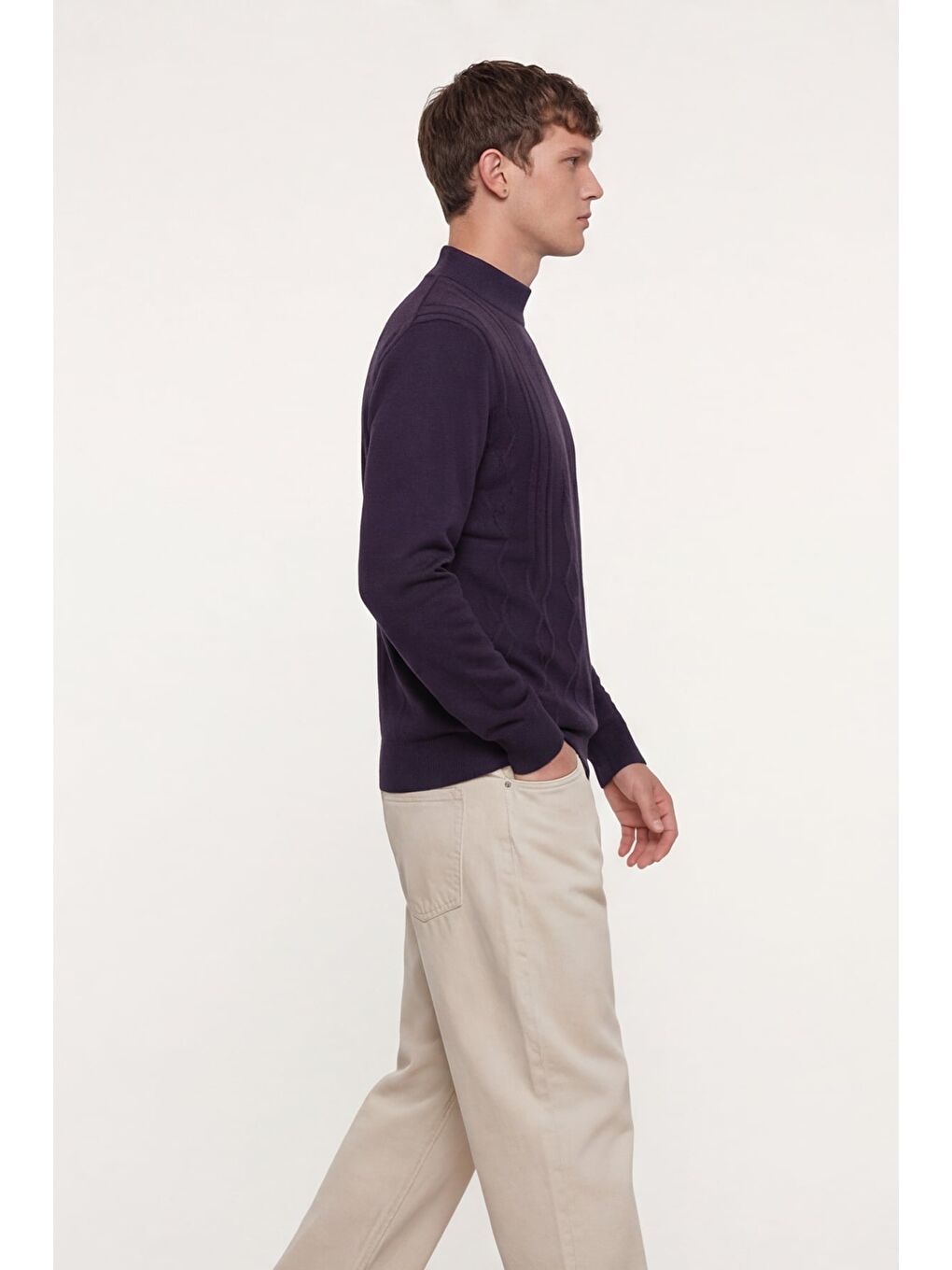 Erkek Mor Dar Kesim Slim Fit Yünlü Yarım Balıkçı Yaka Triko Kazak-2