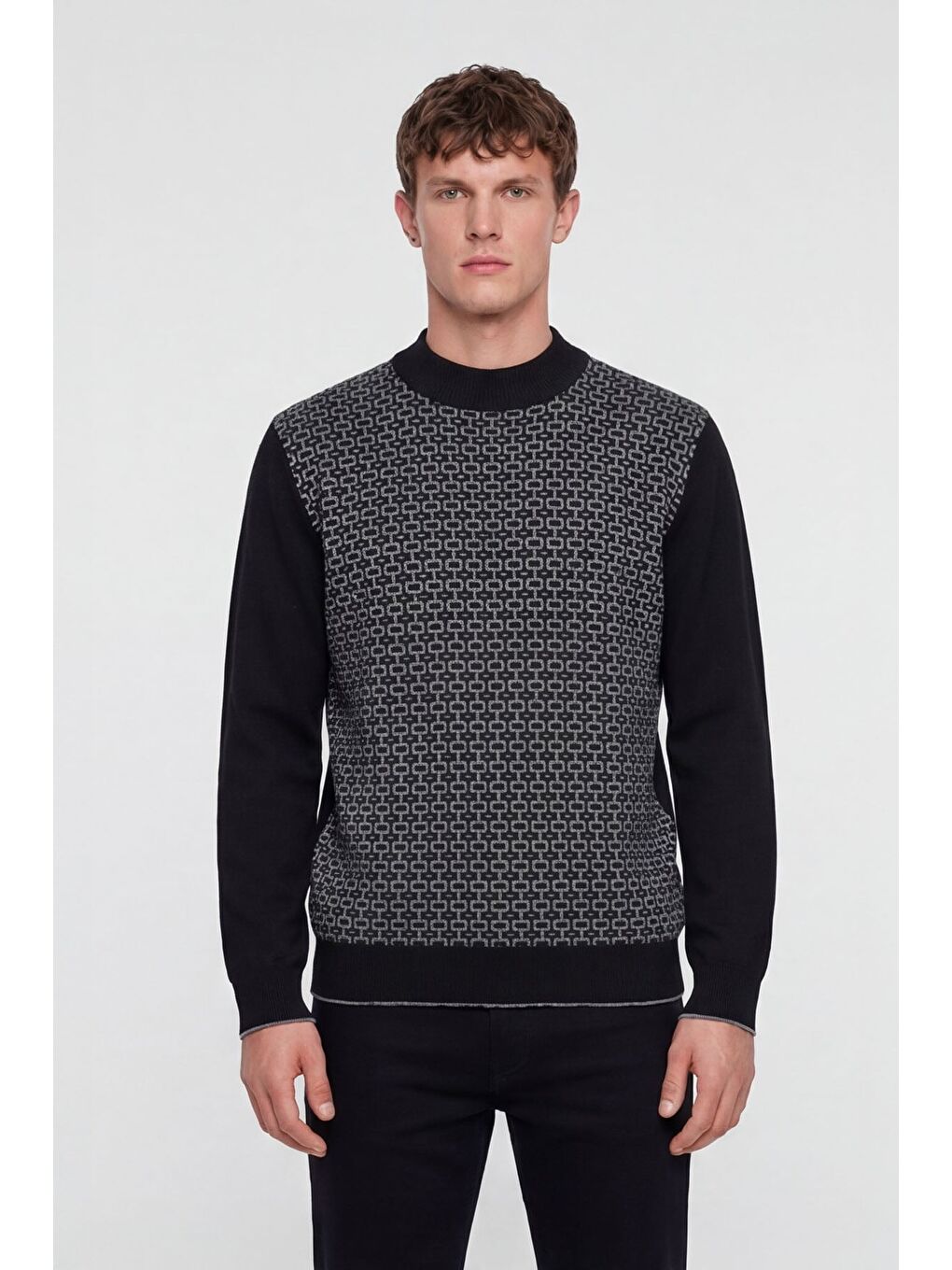 Erkek Siyah Normal Kesim Regular Fit Yünlü Dokuma Desenli Triko Kazak