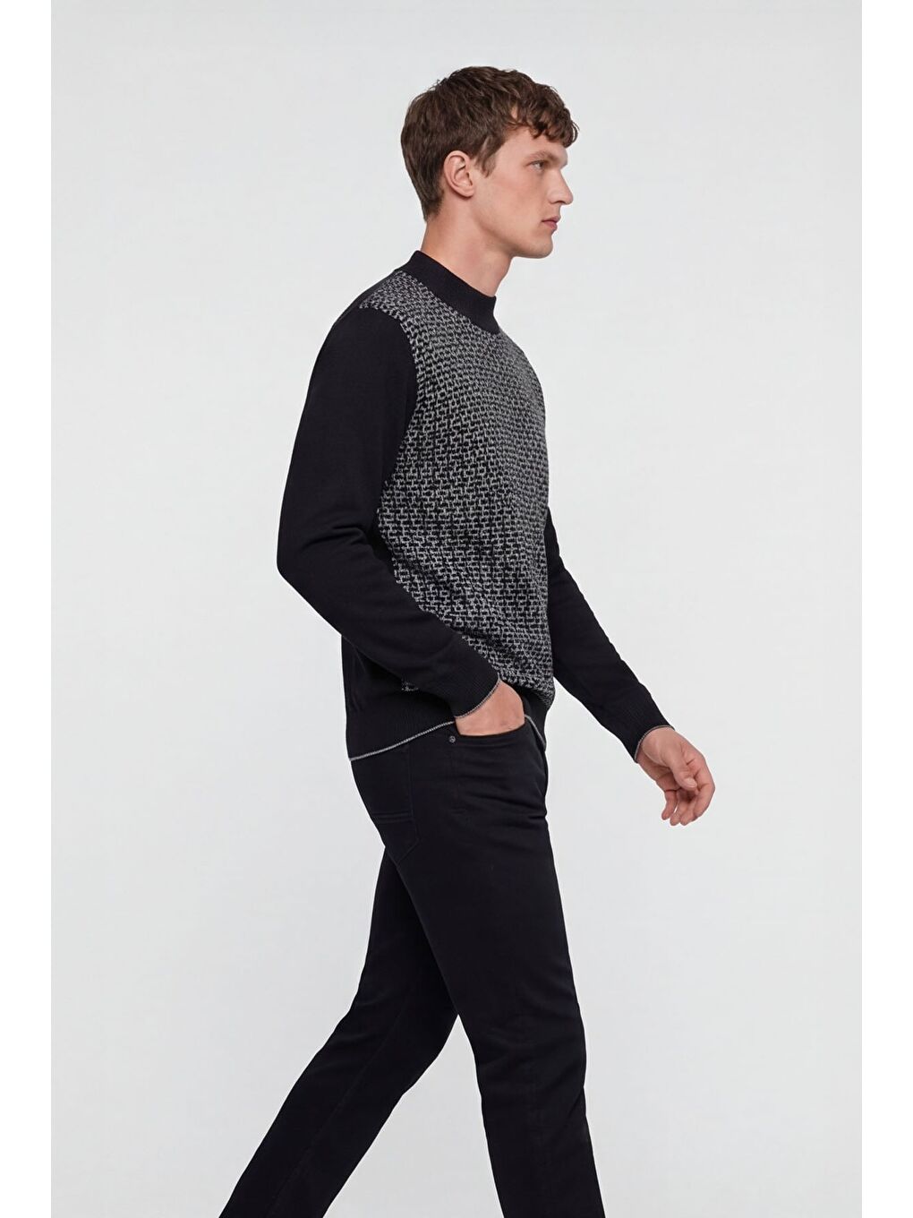 Erkek Siyah Normal Kesim Regular Fit Yünlü Dokuma Desenli Triko Kazak-1