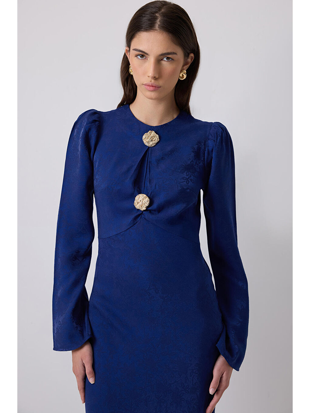 Mavi Düğme Detaylı Jakarlı Elbise-1